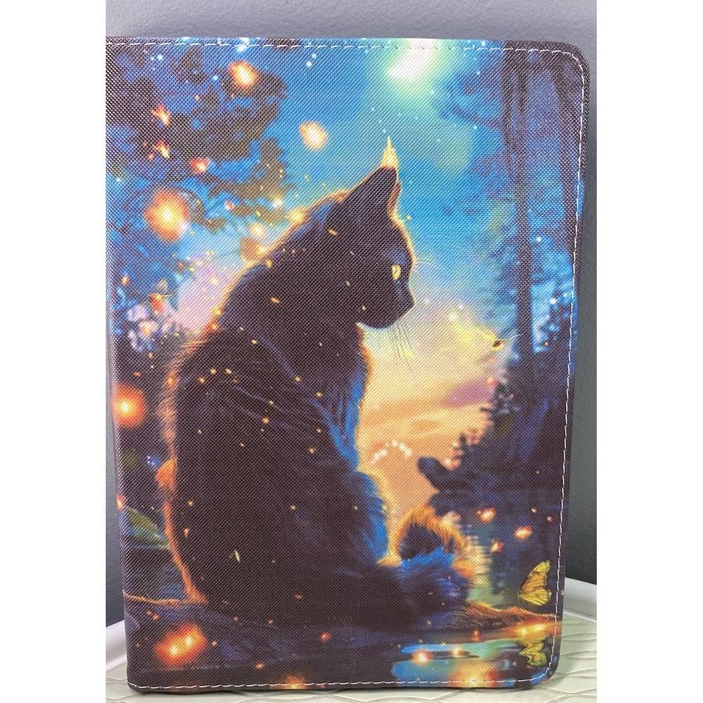Black Cat Under Starry Sky Tablet Cover Premium PU Leather 10x7.25x3/4" NEW‎